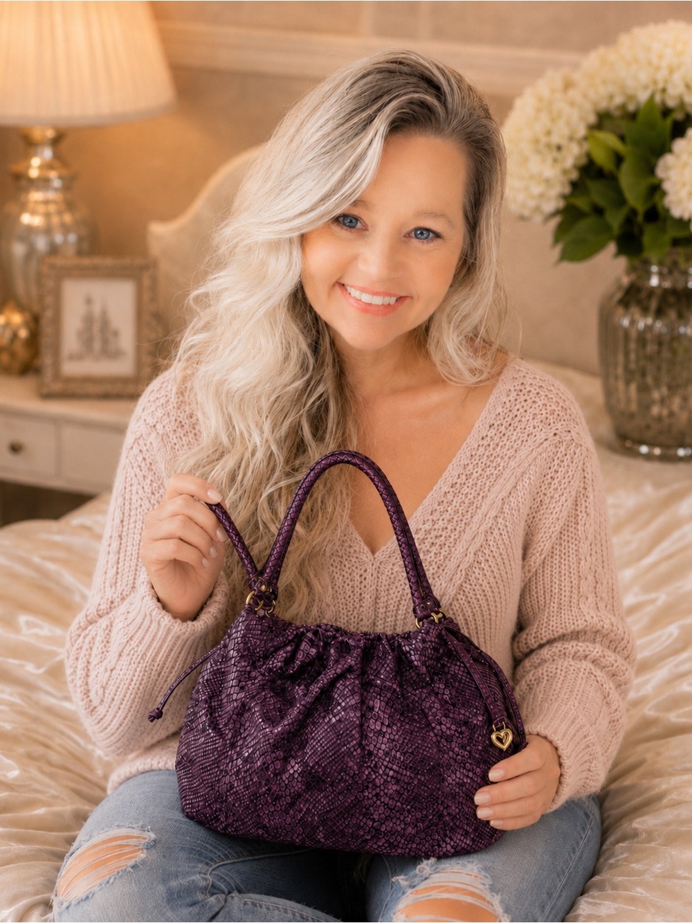 NWT Brighton Plum Metallic Snakeskin Embossed Hobo Bag + Dust Bag